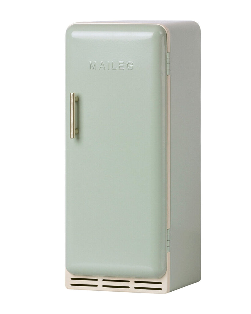 A vintage-style mint green Maileg Miniature Fridge with the word "maileg" embossed on the door, featuring a small rounded handle and ventilation grills at the bottom, perfect for any House of Mini.