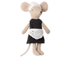 A Maileg Maid Mouse classically dressed as a maid with magnets in its hands. The mouse is wearing a black dress with a white apron and headpiece, featuring a long tail and large, round ears.