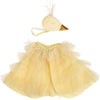 A Meri Meri Chick Costume, consisting of a children's tutu and a matching whimsical bird mask with a long beak and embroidered eyes, isolated on a white background.