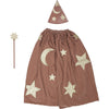 A Meri Meri pink velvet wizard costume with a matching pointy hat, all adorned with golden stars and crescent moons.