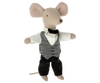 Sentence with product name: The Maileg Waiter Mouse is standing upright against a white background.