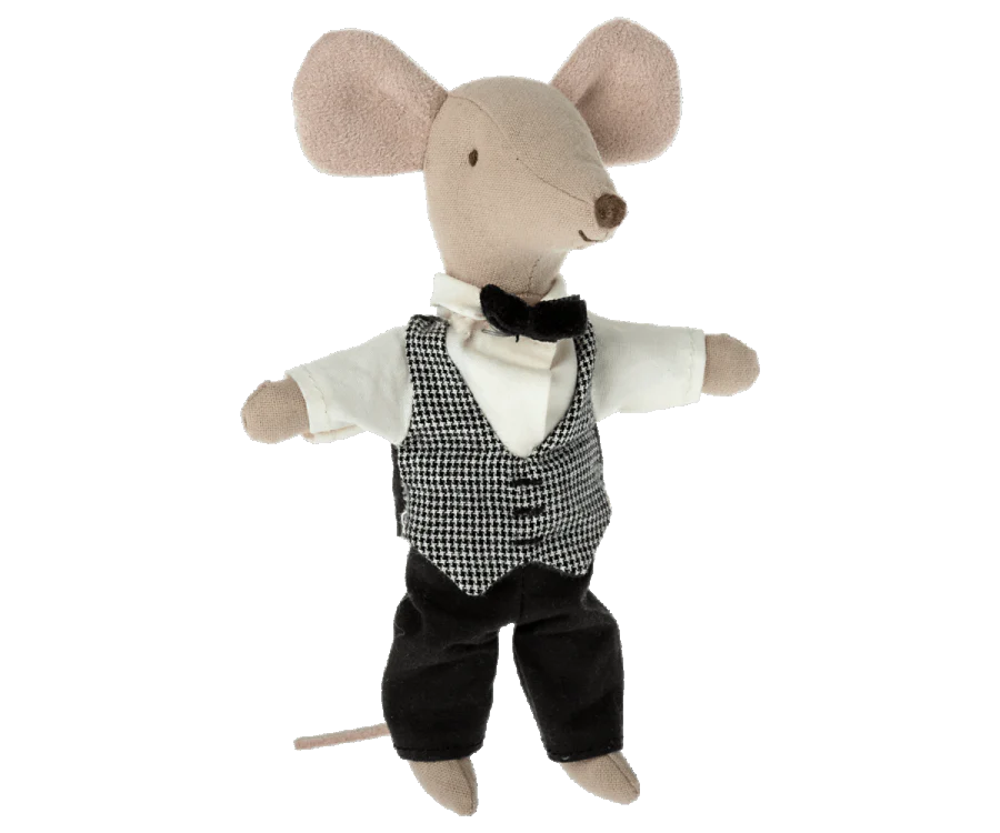 Sentence with product name: The Maileg Waiter Mouse is standing upright against a white background.