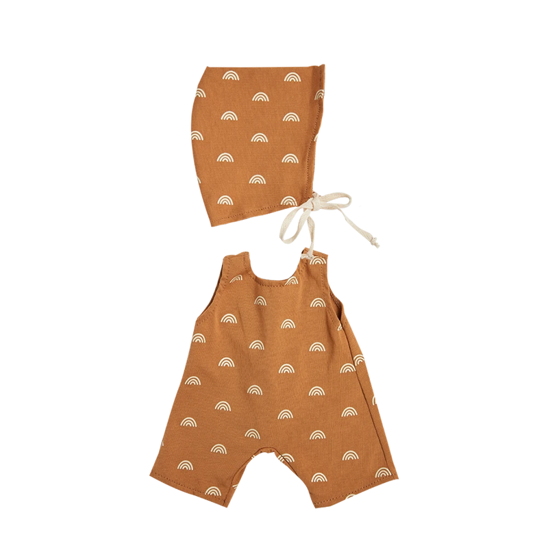 Baby's two-piece outfit with a rusty brown color featuring a white rainbow pattern, crafted to fit Olli Ella | Dinkum Doll Extra Clothing. The set includes a long-sleeved top and matching over