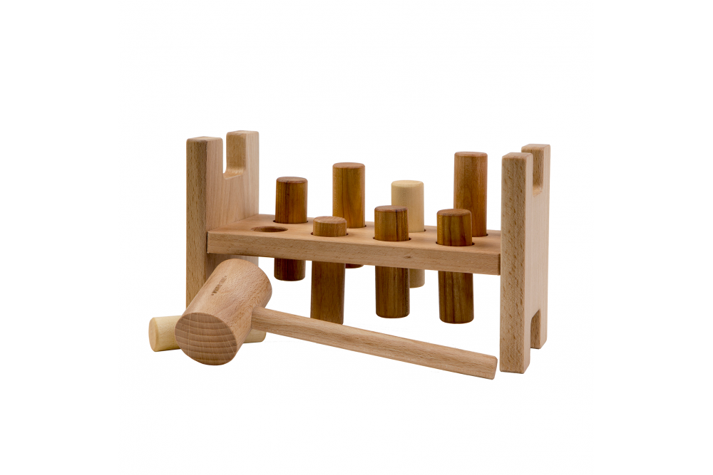 A wooden pounding toy with a wooden hammer.