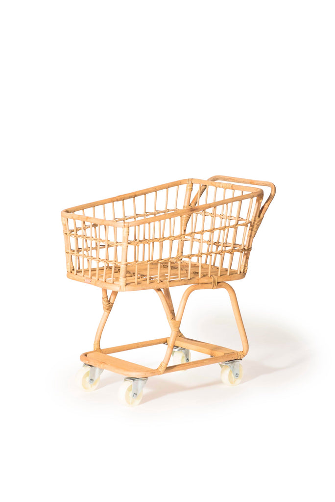 A Rattan Grocery Shopping Cart on wheels isolated against a white background, showcasing its unique and natural design.
