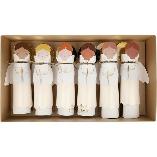 A set of six Meri Meri Angel Crackers with varying hair colors, presented in an open beige box, each crafted with simplistic, elegant details and white dresses adorned with gold foil detail. The box is labeled.