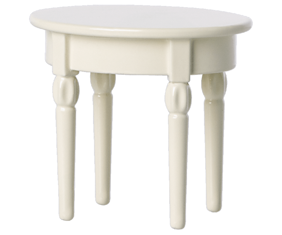 A simple white round Maileg | Mini Side Table with four slender legs on a plain background.