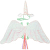 Children's Meri Meri Winged Unicorn Costume accessories including sparkly pink iridescent sequin wings with ribbons and a matching cone-shaped hat, all set against a white background.