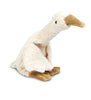 A stuffed goose animal in a sitting position.